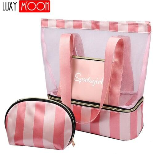 Summer Women Beach Bag Swimming Pool Mesh Shoulder Bags Travel Luggage Organizer Wet Dry Separation Handbag Female Tote XA0K