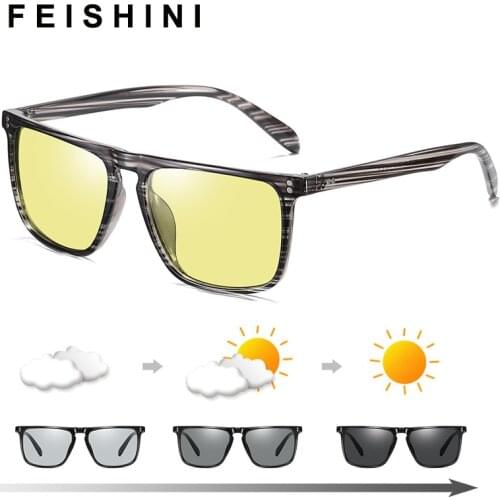 Feishini Polarized Sunglasses Men Square Car Driving Glasses Photochromic Yellow Day Night Vision Driver Eyeglasses