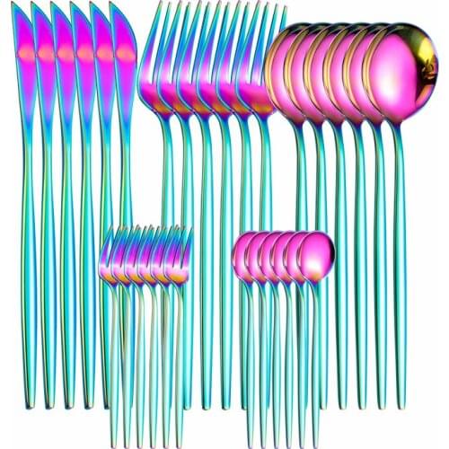 Home Tableware Stainless Steel Cutlery Set Spoon Fork Knife Dinnerware Set Complete 30Pcs Rainbow Complete Dinner Set Flatware