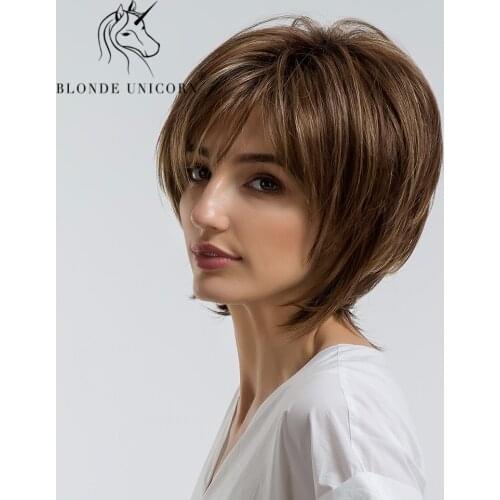BLONDE UNICORN Fluffy Natural Bangs Wigs Highlight 10 Inch Brown Multi-layer Hair Wigs For Women Heat Resistant Synthetic Fiber