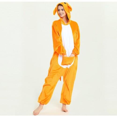 Cartoon Kangaroo Animal Onsies Adults Pajamas for Woman Flannel Warm Winter Hooded Pocket One-piece Cute Yellow Sleepwear Unisex