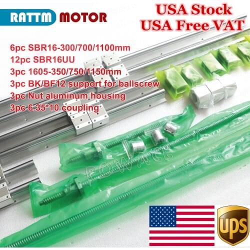 『USA On Sale』6PCS Linear Rail SBR16 L-300/700/1100mm & Ballscrew SFU/RM1605-350/750/1150mm with Nut & 3 Set BK/B12 & Coupling