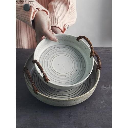 Japanese Retro Stoneware Fruit Plate Creative Binaural Dessert Snack Fruit Plate Tableware Rattan Bread Basket Kitchen Supplies