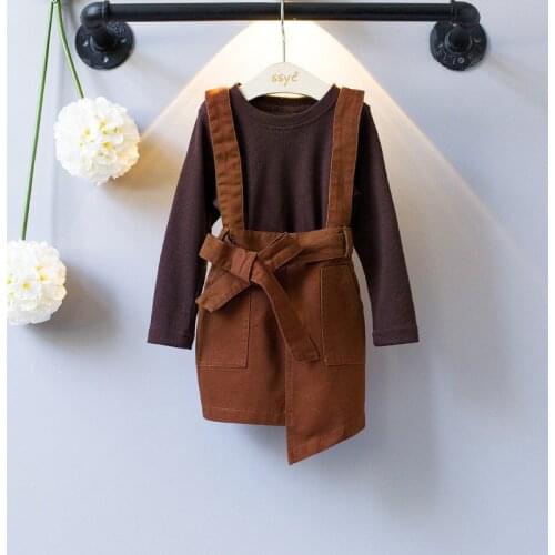 High quality girls clothing 2021 new fashion solid bow full sleeves kid suit children girl clothes T-shirt+rompers clothing set