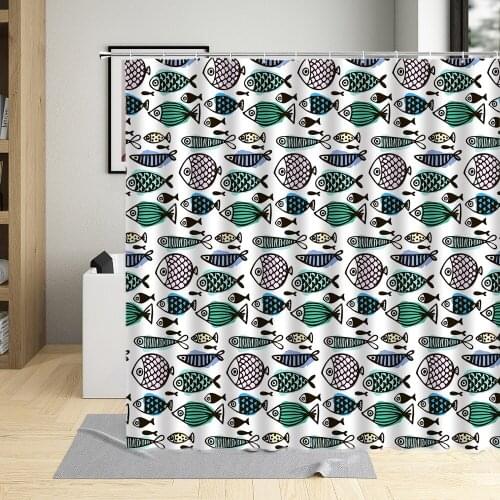 Hand Drawn Fish Ocean Animal Cartoons Shower Curtain Colorful Illustration Kids Bathroom Decor Waterproof Fabric Bath Curtains