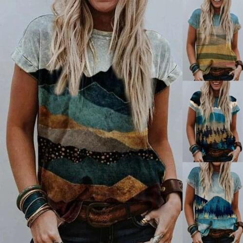 Women Fashion Round Neck T-shirt Fashion Scenery Print Tops Short Sleeve V-neck Casual Blouse Plus Size