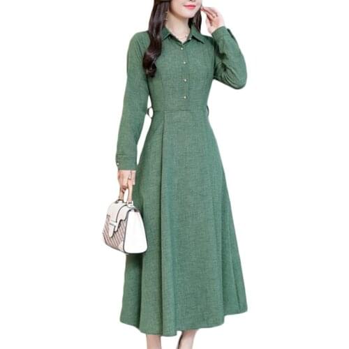 Women Korean Long-sleeved Cotton Linen Dresses Autumn New Slim Maxi Dress Womens Plus Size Pullover Casual Dress Vestidos
