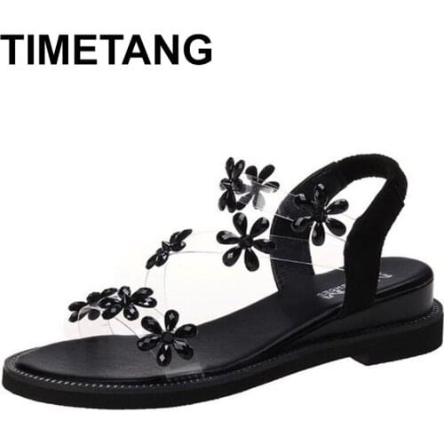 TIMETANGNew Summer Women Elegant Sandals Heels Lady Fashion Flowers Flat Shoes Femme Casual Girls Wedges Platform 4cm Zapatos