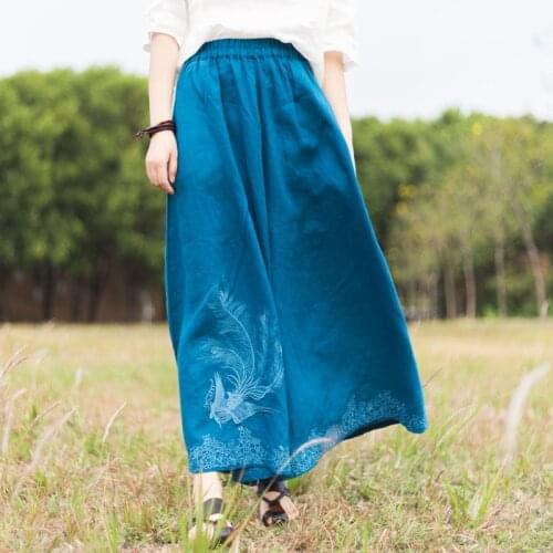 Women Loose Elastic Waist Wide Leg Pants Ladies Linen Embroidered Flax Wide Leg Trousers Female Vintage Pants
