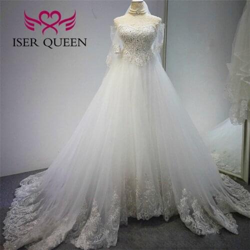 Luxury Arab Ball Gown Wedding Dress New Crystal Beading Plus Size Wedding Gowns Half Sleeve White Wedding Dresses WX0139