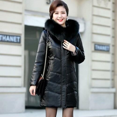 Women 2021 Winter Fashion Faux Leather Coats Female Long Cotton-padded Jackets Ladies Thicken Big Fur Collar Hooded Parkas U394