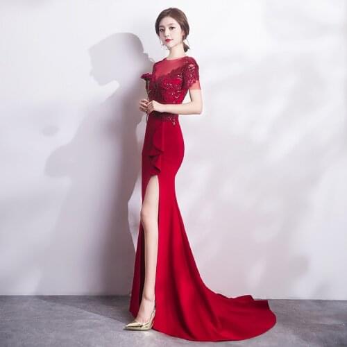 Bride Female 2021 Daily Red Mermaid Side Split Wedding Dress Banquet Long Annual Party Evening Dress Vestidos Elegantes A349