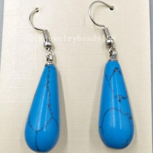 Free Shipping Women Fashion Jewelry 10x29mm Blue Howlite Water Drop Women Bead Dangle Earrings Pair C5108