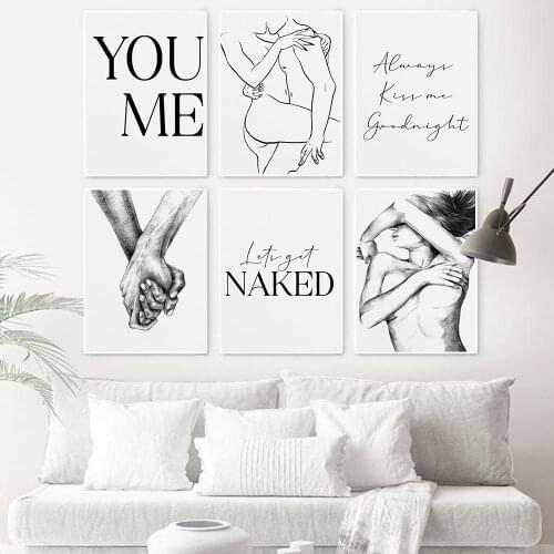 Black White Hand Canvas Painting Always Kiss me Goodnight You Me Quotes Wall Art Poster Fashion Picture Couples Lover Room Decor