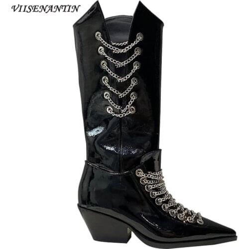 Black Patent Leather Women Chelsea High Boots Thick High Heel Pointed Toe Metal Chain Women Shoes 2021 Spring New Fashion Bota
