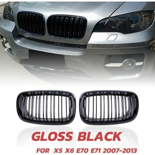 For X5 X6 Grill, Front Kidney Double Line Grille 2007-2013 For BMW X5 E70 X6 E71 (ABS Gloss Black Grill, 2-Pc Set)