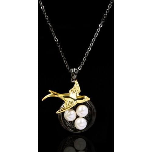 Elegant Classic Pearl Hummingbird Magpie Pendant 925 Silver Necklace Clavicle Chain Black Gold Two-tone Necklace