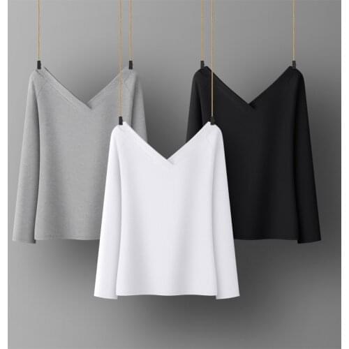 Women Soft Cotton T-shirt V-NECK Solid color Lady Tees Long Sleeve Womens clothings All match Female T-shirts