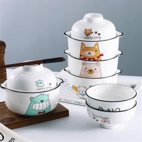 6 Inch Nordic Ceramic Instant Noodle Dessert Bowl with Lid White Porcelain Cute Cartoon Large Capacity Soup Rice Bowl Tableware