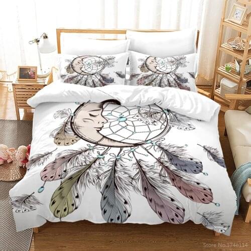 3D Sleeping Moon Dreamcatcher Bedding Set Colorful Feathers Duvet Cover Set Comforter Cover Pillowcase Bedclothes for Kids Adult