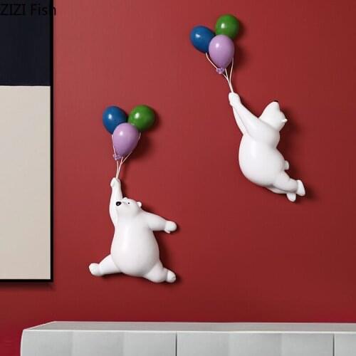 Creative White Balloon Bear Wall Hanging Resin Cute Animal Sculpture Background Wall Childrens Room Decoration Birthday Gift