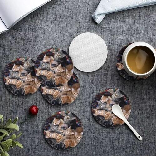 Upetstory Cute Kitty Cat Print Coasters for Drink Custom Round Kitchen Tableware Pad Heat Resistant Placemat 6pcs/set