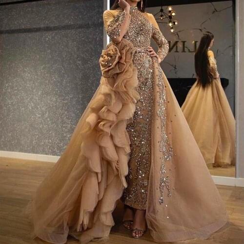Luxury Mermaid 2020 Prom Dresses With Detachable Train High Neck Long Sleeve Evening Gowns Glitz Beaded Pageant Dresses For Girl