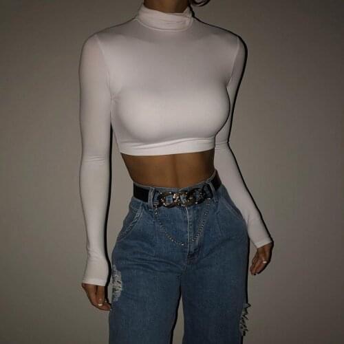 Women Sexy Solid Color Crop Tops Streetwear Turtleneck Long Sleeve Slim Fit Shirts Exposed Navel Pullover T Shirt Tops For Women
