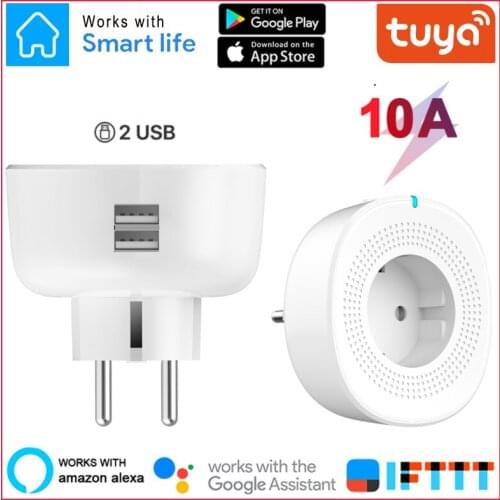Tuya Smart WiFi Socket EU Smart Plug Double USB Port Blue LED Indicator Light Smart Plug Support For Alexa Google Home