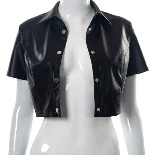2021 Streetwear Vintage Clothes Black Pu Leather Button Up Short Sleeve Crop Top T Shirt Women Fashion