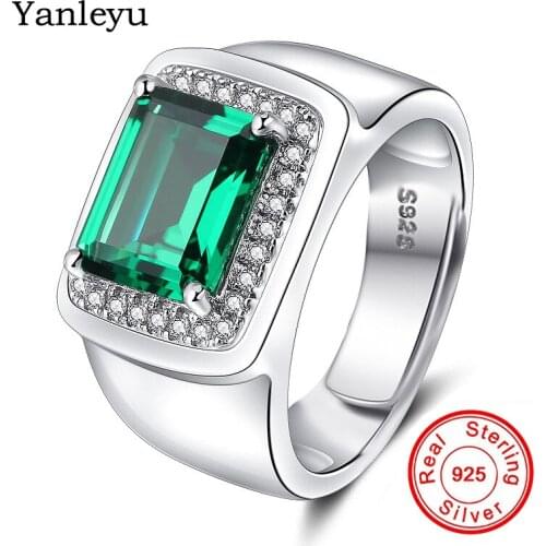 Yanleyu Big Man Boss Party Jewelry Solid 925 Sterling Silver Wedding Ring Green&Blue Zircon Crystal Open Rings for Men PR392