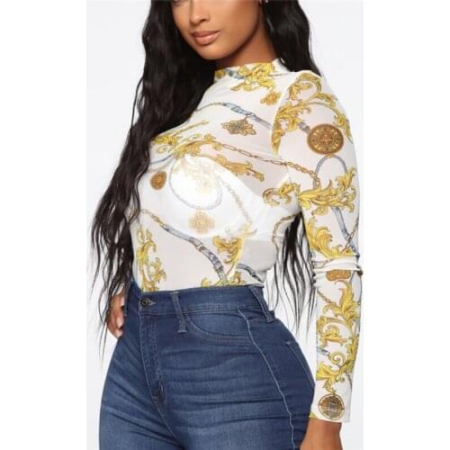 Women Mesh Sheer See Through Print Shirt Blouses Outwear Turtleneck Long Sleeve Tops Transparent Slim Shirt Bodycon Club Blouse
