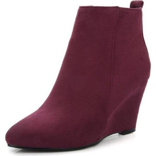 Wedges Women Ankle Boots High Heels Flock Winter Boots Solid Pointed Toe Shoes Woman Botas Mujer Plus Size 34-43 XKD2028