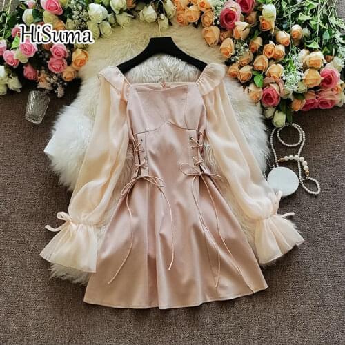 2021 spring new women square neck flare sleeve ruffles Drawstring sweet A-line dress female elegant chic dresses