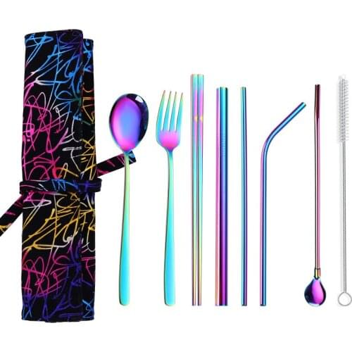 20set/lot Colorful 8pcs Portable Stainless Steel Cutlery Suit Reusable Straw and Chopstick Travel Knife and Fork Set