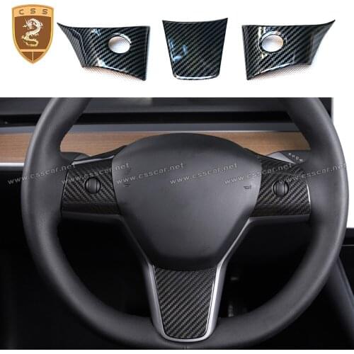 3pcs Glossy Finish Carbon Fiber For Tesla Model 3 Steering Wheel Patch Decoration Interior Modified Model Y Auto Accessories