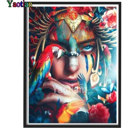 Diamond Painting Colorful indian woman and parrot Diamond Embroidery Full Drill Square Diamond Pictures Mosaic 5D DIY Rhinestone