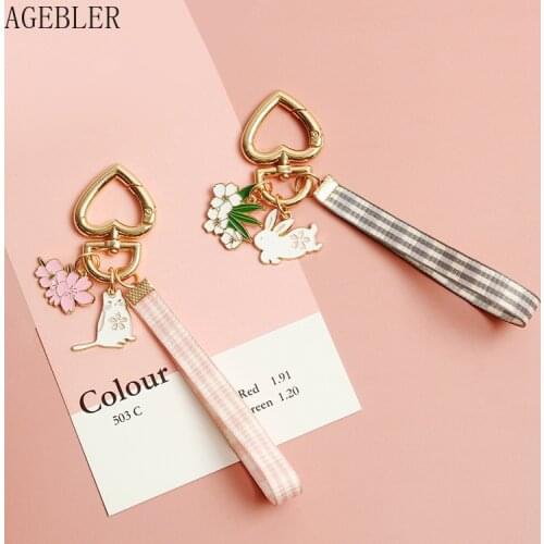 Japanese Sweet Girl Cherry Blossom Rabbit Keychain Cat Pendant Bag Mobile Rope Charm Airpods Pendent Gift Ornaments keyring