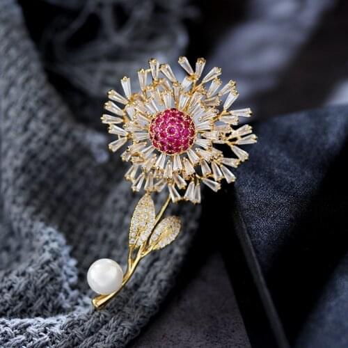 Shining Crystal Dandelion Brooches Pins Romantic Sweet Pearl Flower Corsage Fashion Suit Flower Pin 2021 Design Luxury Jewelry