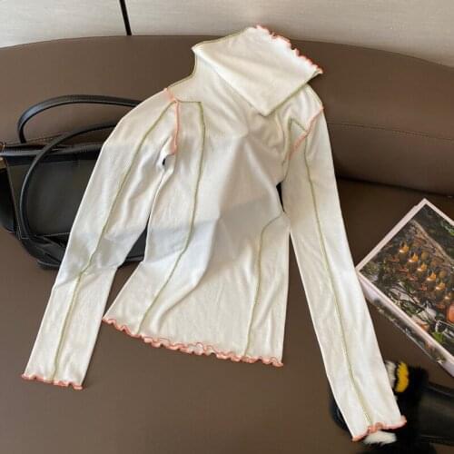 Hot Sale!!! Turtleneck 11.5 Cotton Ribbed Knitted T-shirt Fashion Comfortable Slim Contrast Color Patchwork Temperament Tee