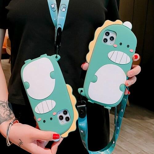 Cute Cartoon Dinosaur Lanyard Phone Case For iphone 11Pro Case Silikone SE X XS Max 6s 7 8Plus Strap Anti-Drop Soft Couple Cover