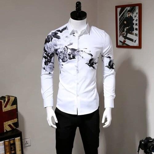 Mens Long-sleeved Shirt, Autumn Lapel Button, Youth Trend Tiger Flower Bird Digital Printing Non-iron Long-sleeved White Shirt