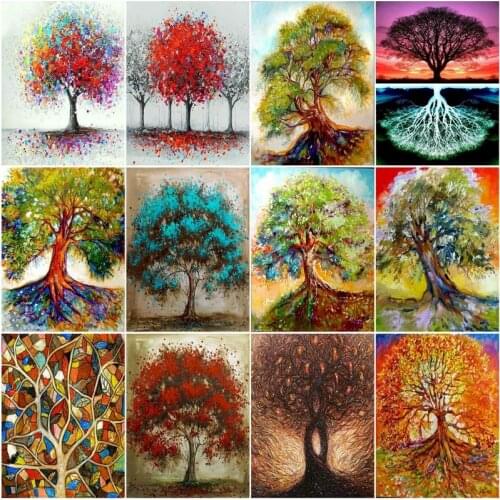 Oil Painting By Numbers For Adult With Frame Diy Abstract Colorful Tree Landscape Acrylic Paint Art Coloring Decor Picture Kit