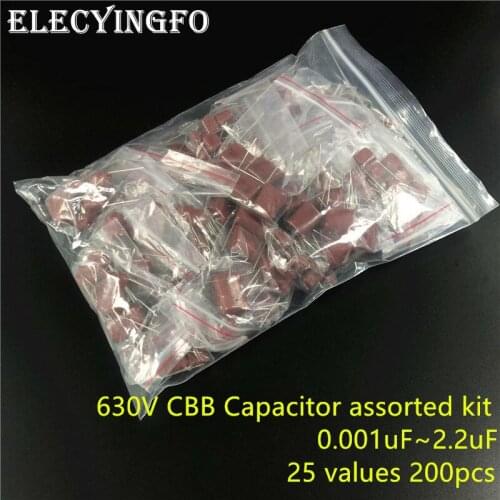 630V 0.001uf~2.2uf CBB metal film capacitors Assortment Kit 25 values 200pcs 1nF 10nF 47nF 0.1uF 0.22uF 0.33uF 0.47uF 0.68uF 1uF