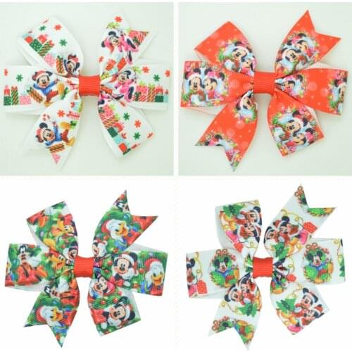 SUPWRF 3.1'' Christmas mickey cute bow Girls Hair Bow With Clip Boutique Printed Ribbon headwear diy wholesale 20 PCS T0929