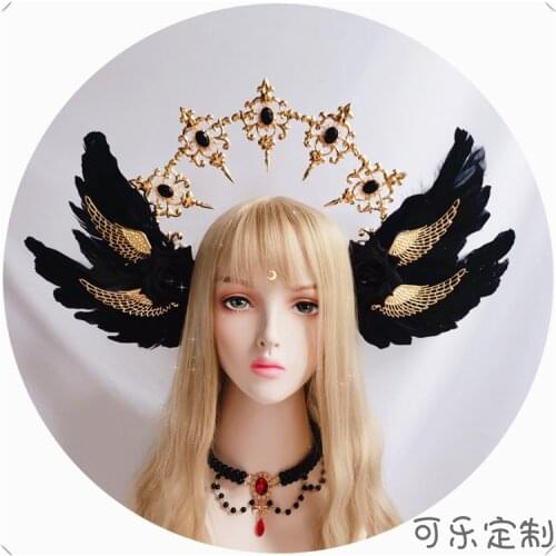 Gothic Style Lolita Black Rose Devil Feather Wings Goddess Sun Halo Crown Headband Gorgeous Vintage Mary Baroque Tiara Headwear