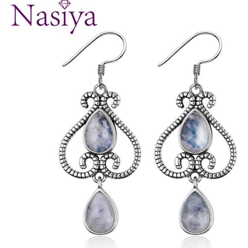 Jewelry S925 Sterling Silver Earrings Fashion Ethnic Pear Shape 6X9MM Natural Moonstone Earrings Wedding Party Wholesale