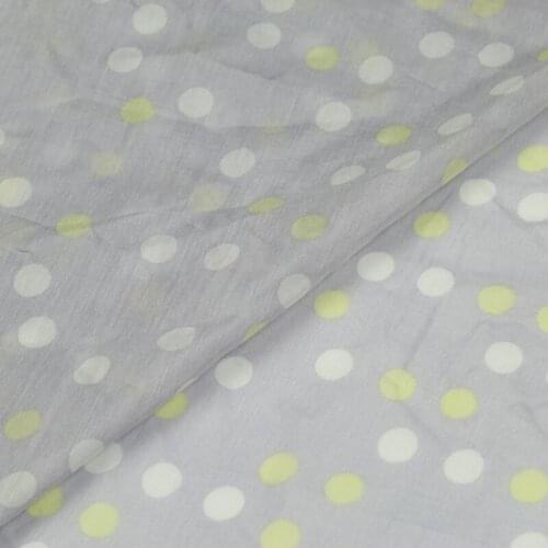 Yellow white polka dots design silk cotton fabric on light purple bottom,SCT445