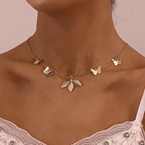 Vintage Chain Pearl Necklaces For Women Silver Butterfly Charms Pendants Necklace Choker Fashion Jewelry Gifts Collier Femme