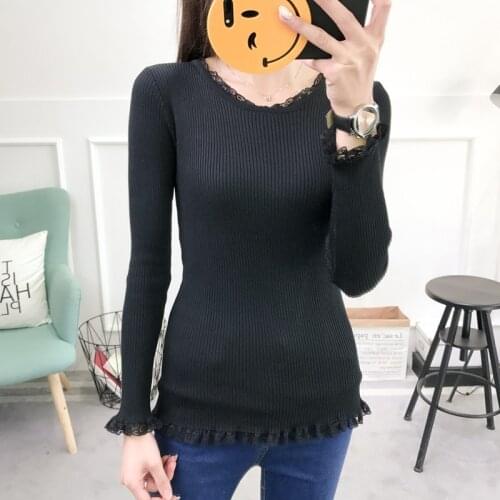 2020 New Autumn Winter Women Jumper Knitted Fleece Lining Warm Ladies Sweater Lace Patchwork High Stretch V-Neck Female Pullover